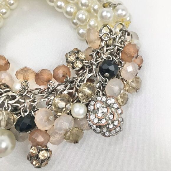 Taupe Blush Bead Rhinestone White Pearl Multi Strand Dangle Stretch Bracelet - Picture 3 of 9